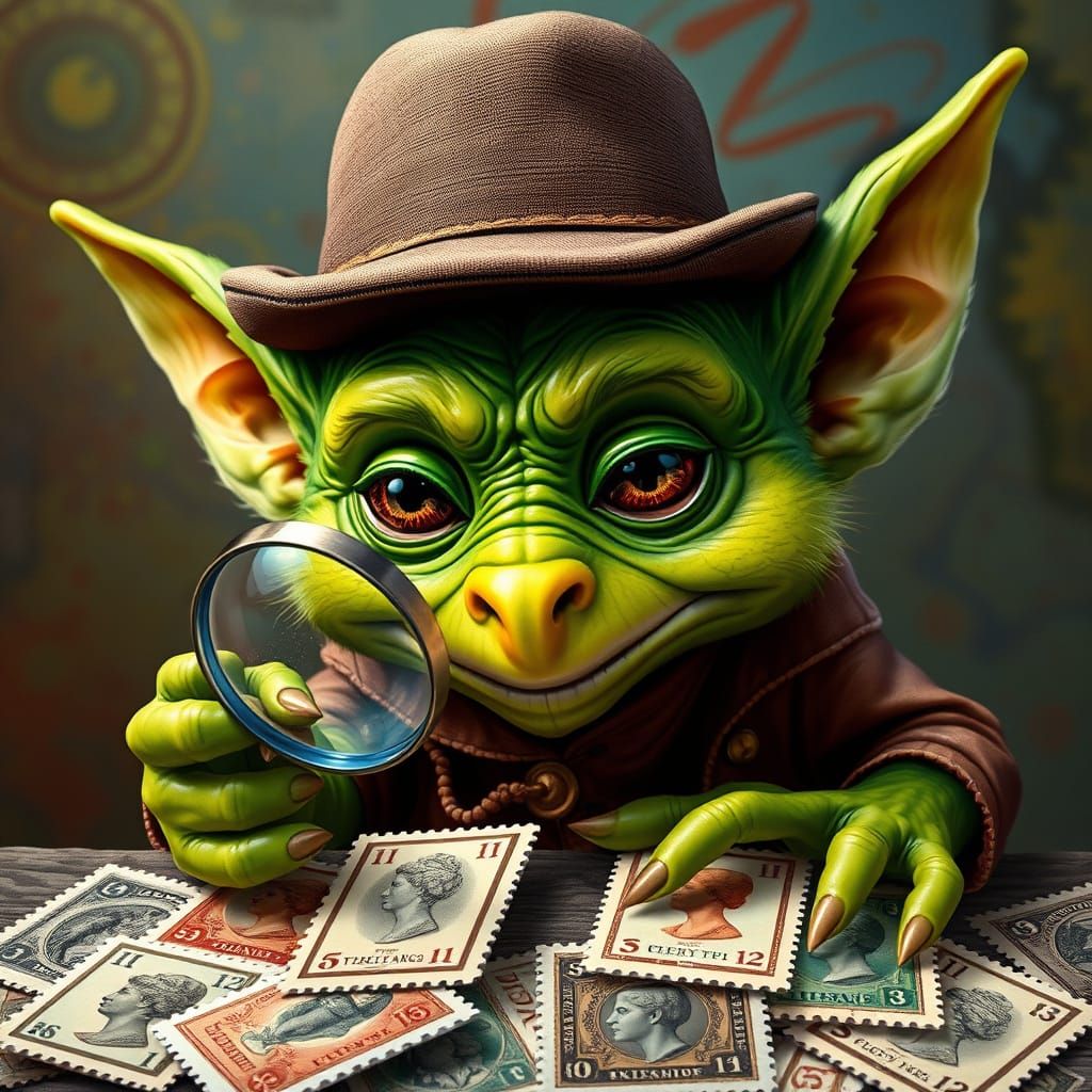 Whimsical Collector Gremlin Examines Rare Stamps
