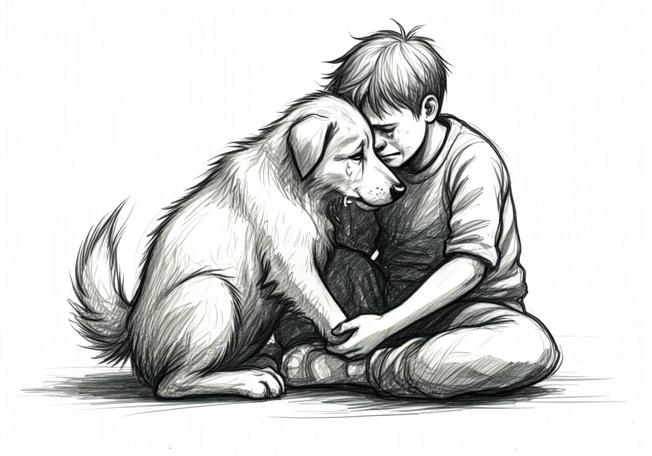 Dog Comforts Crying Boy: Expressive Pencil Sketch