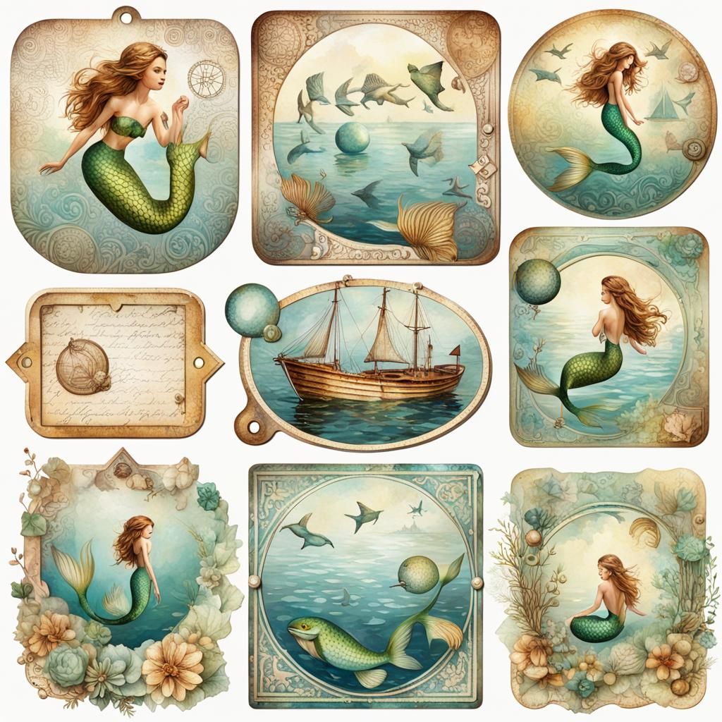 Vintage Mermaid Journal Tags in Graphic 45 Style