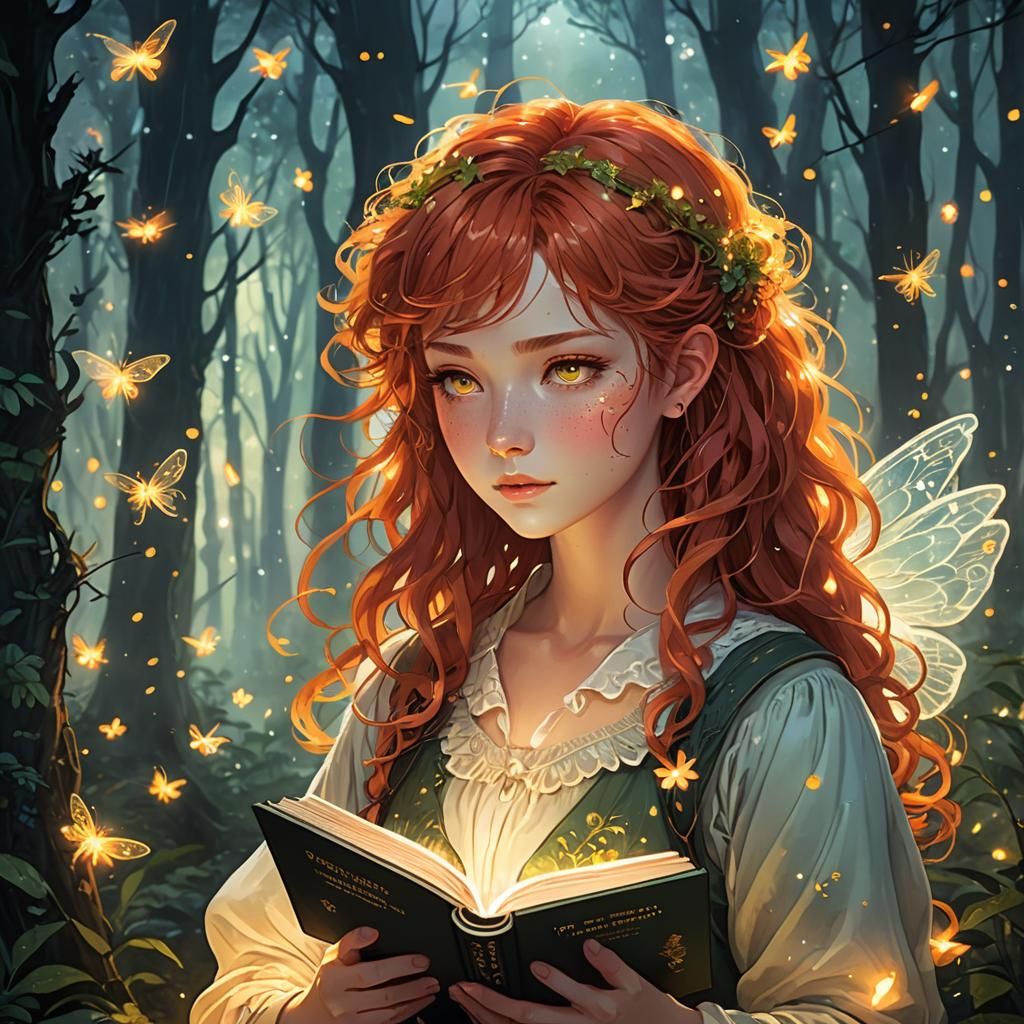 Red-Haired Fairy Reading in Misty Forest: Manga Art