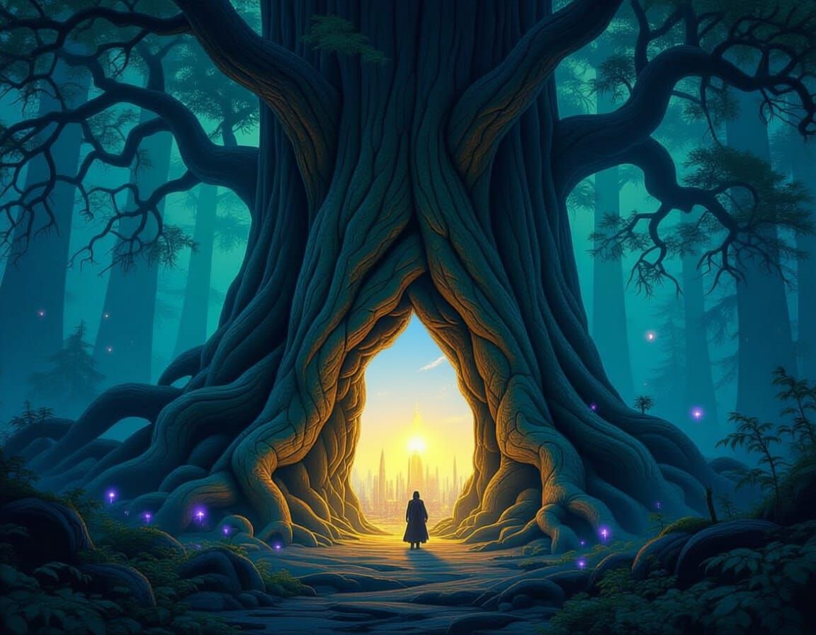 Ancient Tree Gateway to Mystical Forest in Dark Fantasy Styl...