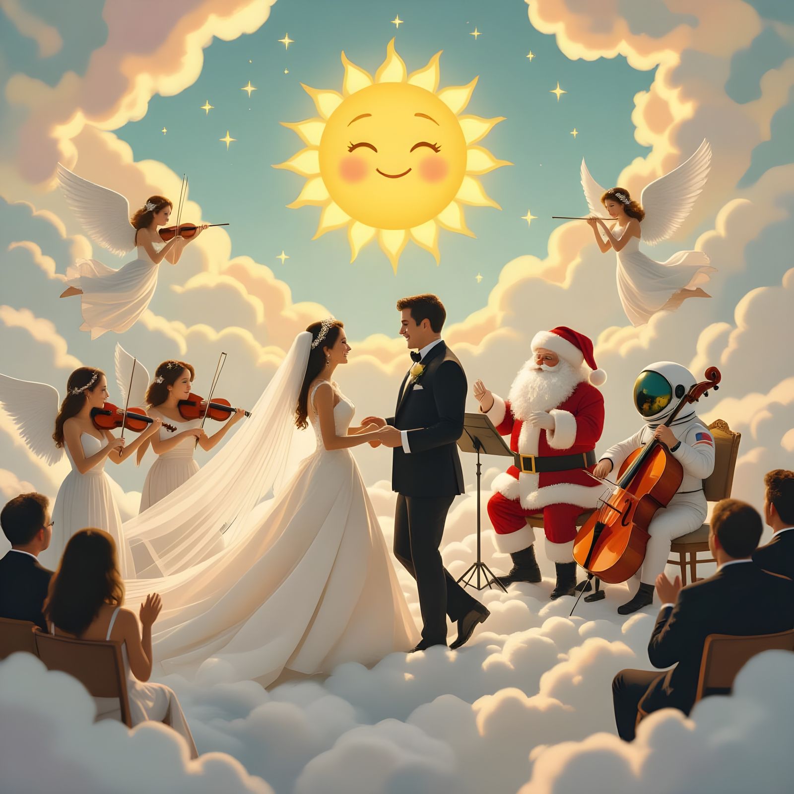 Newlyweds Waltz on Clouds Under Sun Emoji