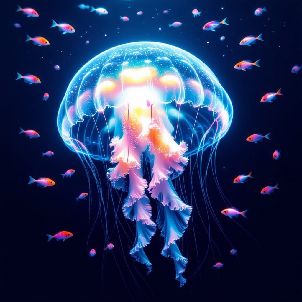 Bioluminescent Jellyfish in Deep Ocean, Hyperrealistic Detai...