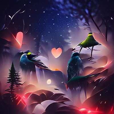 Romantic Love Birds in Epic Forest, Acrylic Art
