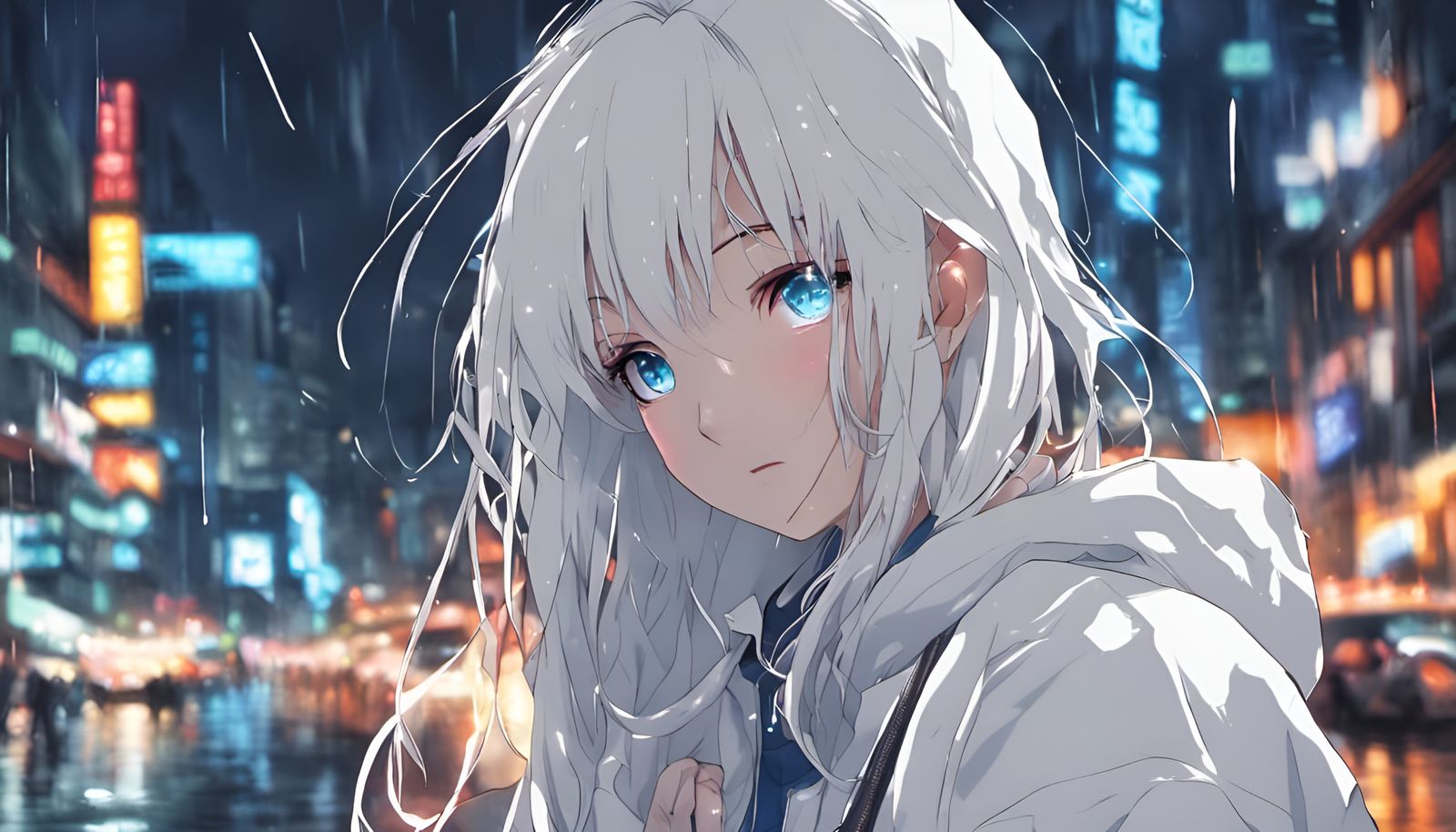 Anime Girl with Blue Eyes in Rainy Neon City