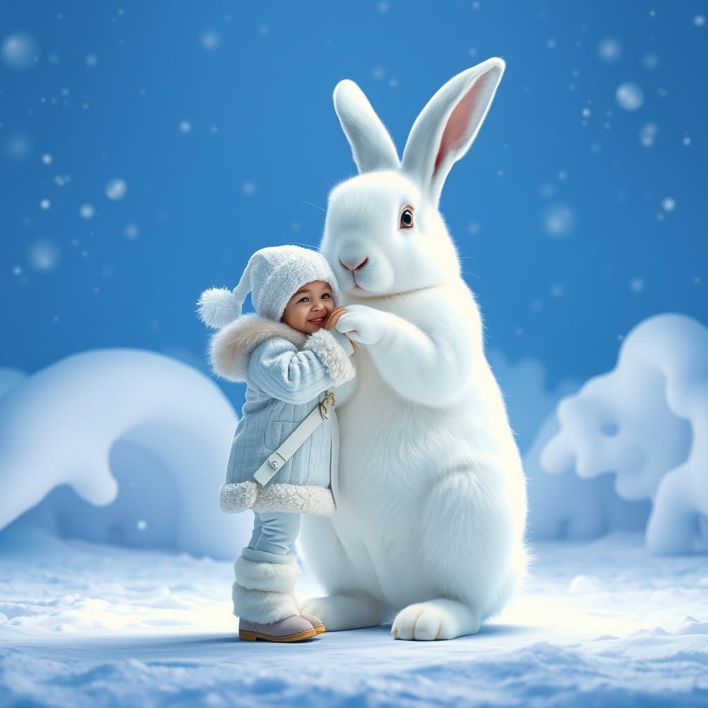 Child and Giant Rabbit in Snowy Wonderland