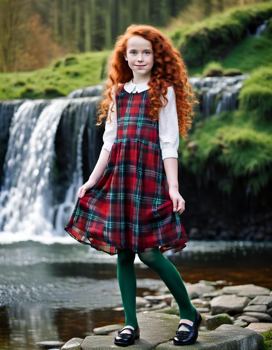 Scottish Girl in Plaid Dress by Waterfall