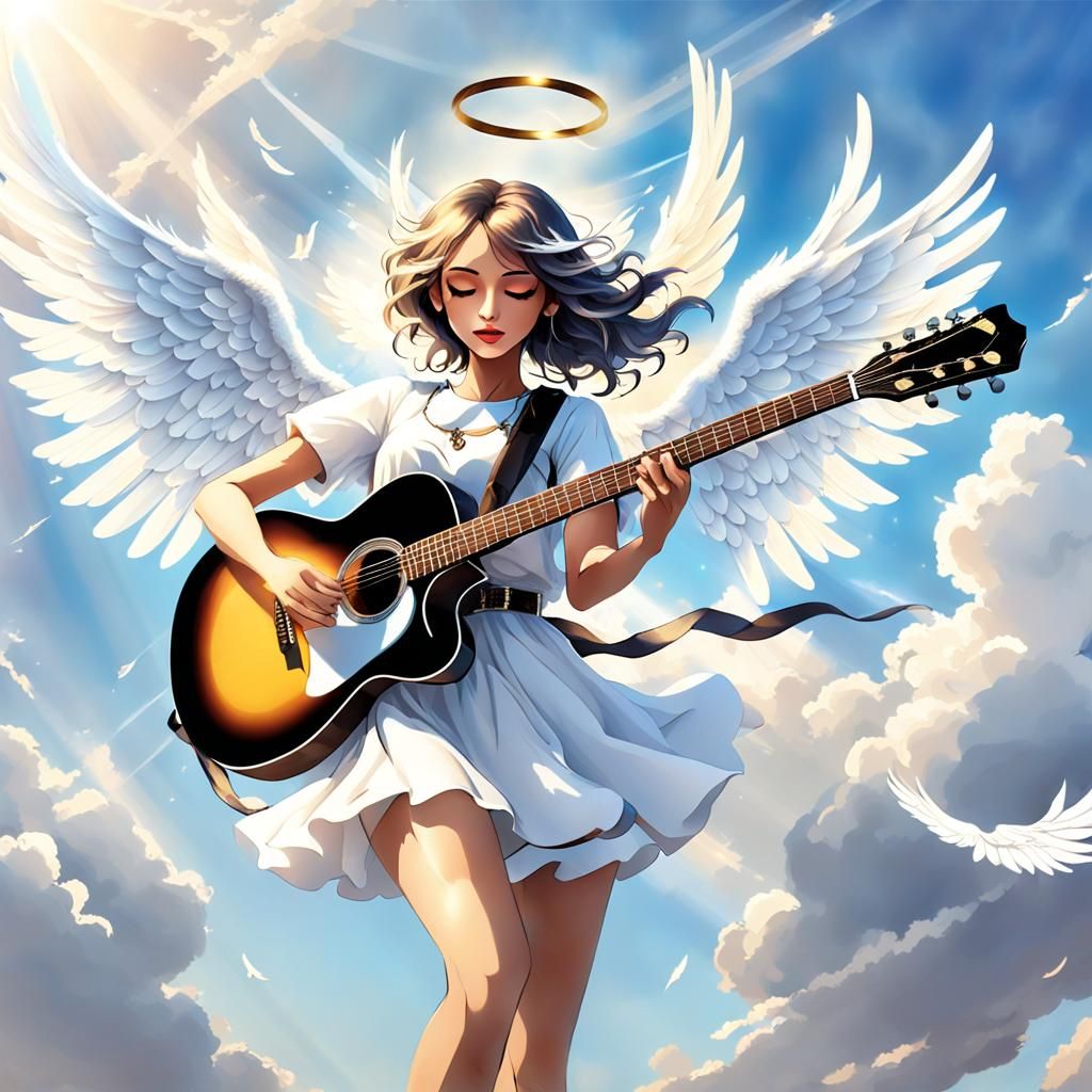 Winged Woman with Guitar Soaring in the Sky