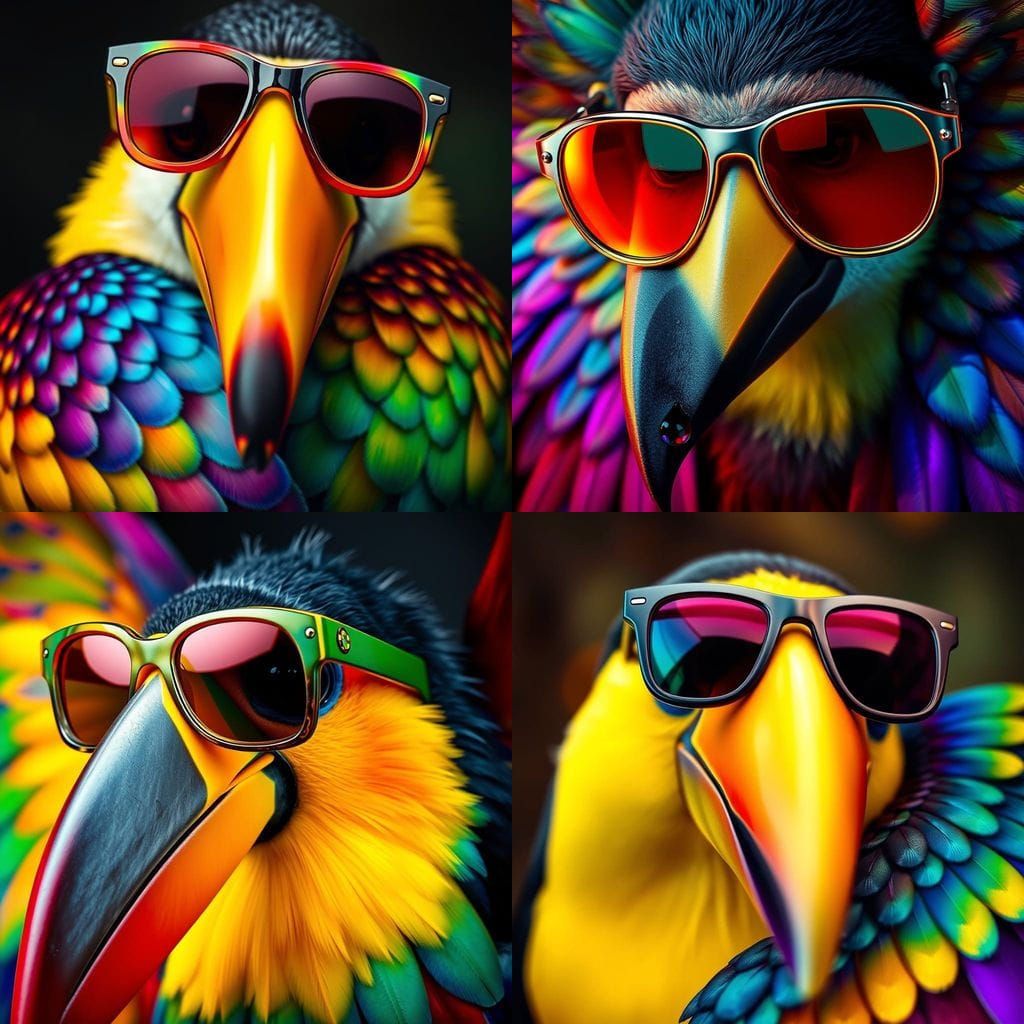 A insanely detailed cinematic perfect masterpiece close-up on the tucan's face with a soulful, Stevie Wonder-like expres...