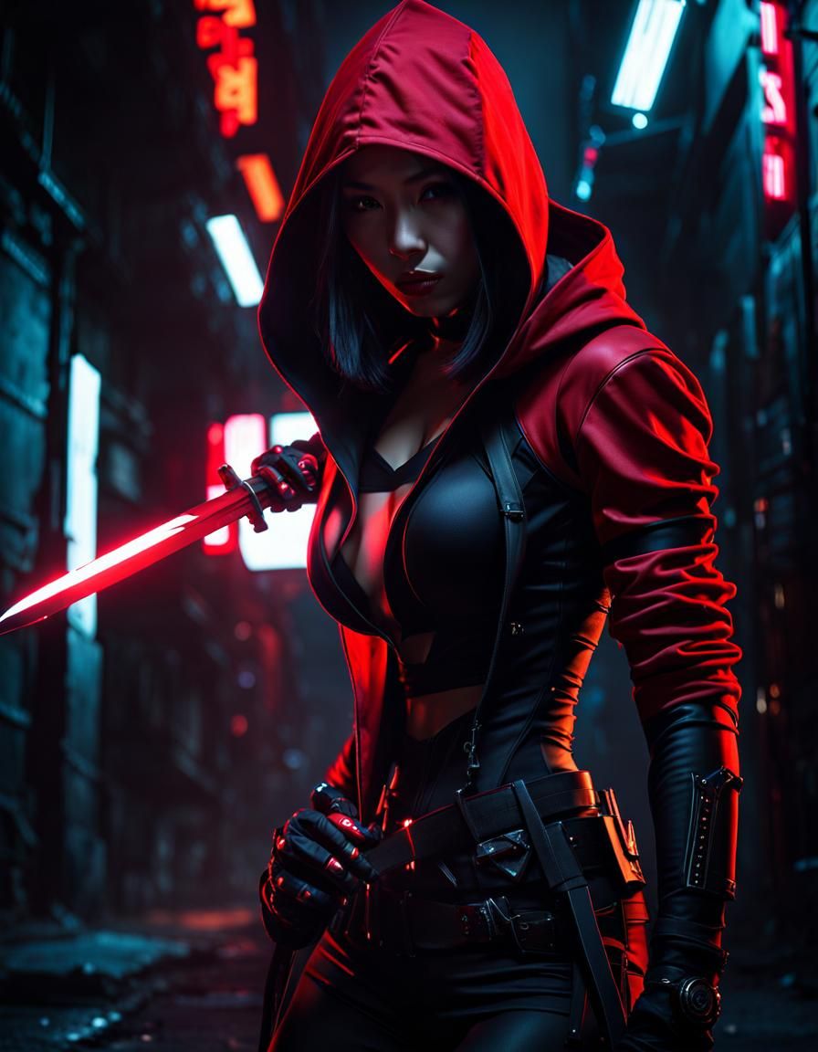 Asian looking female cyborg assassin in black and red form f...
