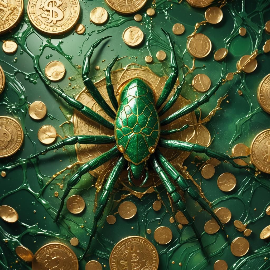 Green Spider Weaving Money: Hyper-Realistic Splash Art