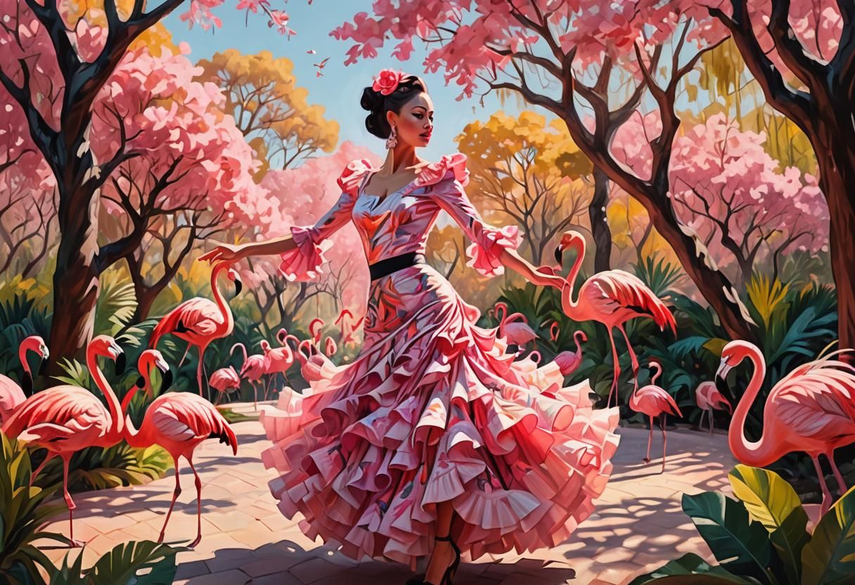 Flamenco Dancer in Surreal Pink Landscape: Oil Painting