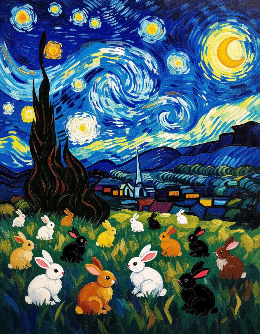 Van Gogh Style Bunnies in Starry Night Field