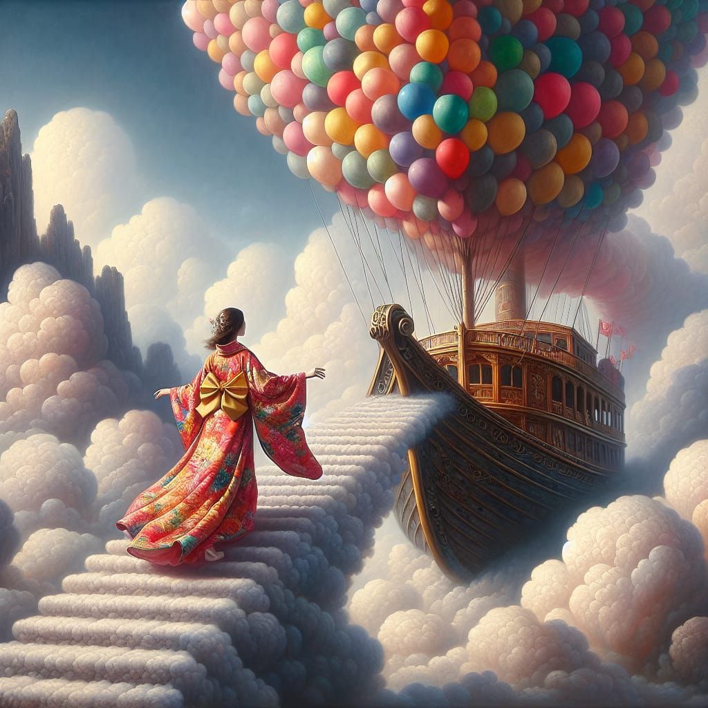 Woman Boards Cloud Boat in Dreamy Sky, Romantic Oil Painting