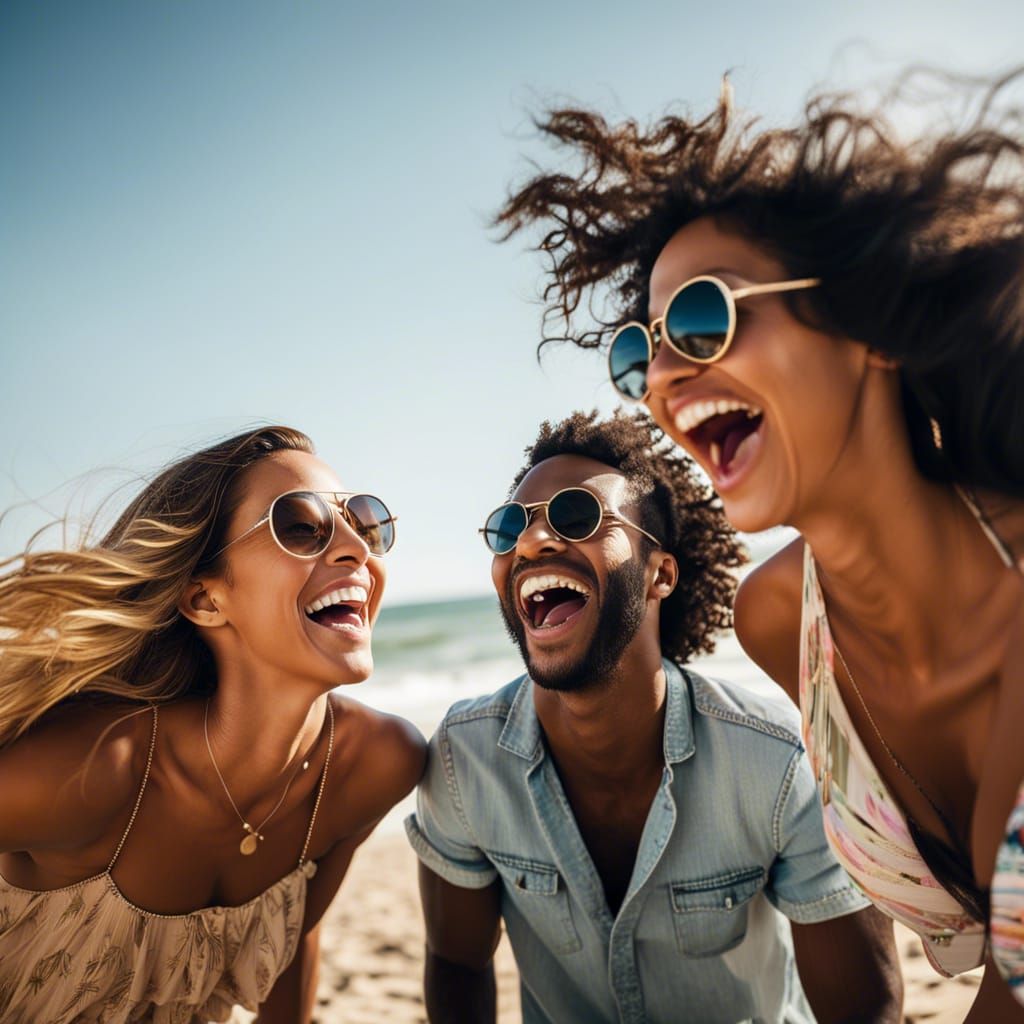 Friends Laughing on Sunny Beach: Summer Joy