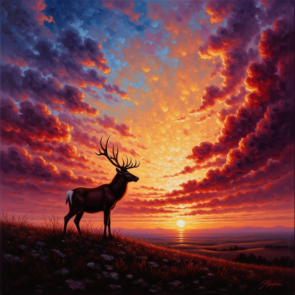 Majestic Stag at Twilight: An Impasto Oil Painting