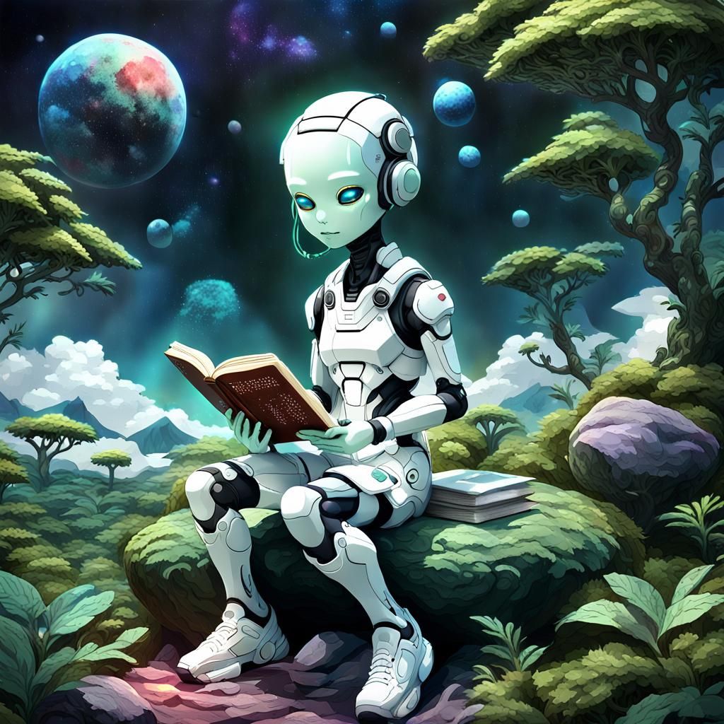 Android Reads on Alien Planet: 3D Digital Art