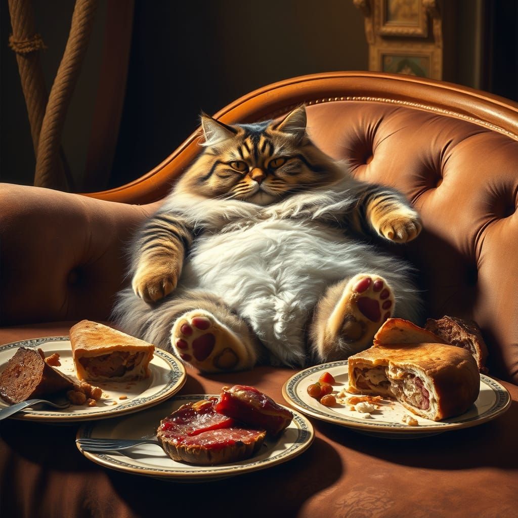 overweight tabby cat lounging luxuriously on a velvet chaise lounge, surrounded by half-eaten plates of gourmet food, it...