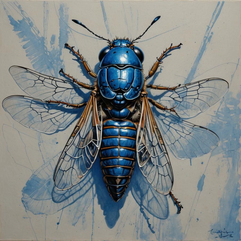 Cicada Line Drawing in Blue Biro Ink