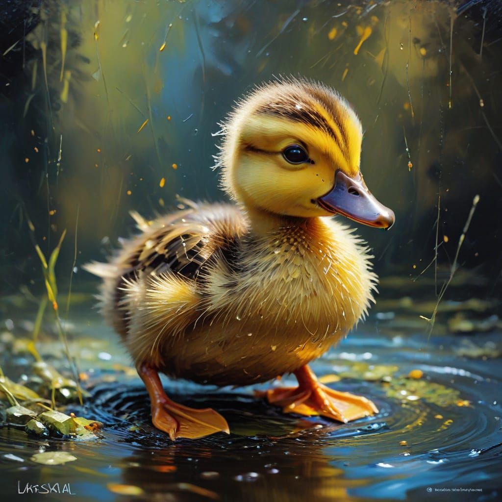 Expressive Impasto Painting of a Playful Duckling