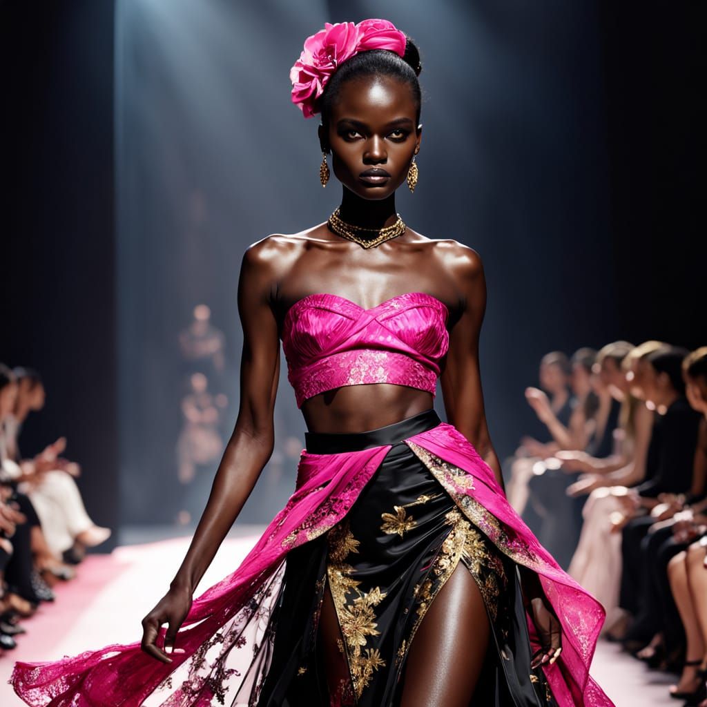 Dark-Skinned Model Striking a Pose in Elegant Sheer Silk Ski...