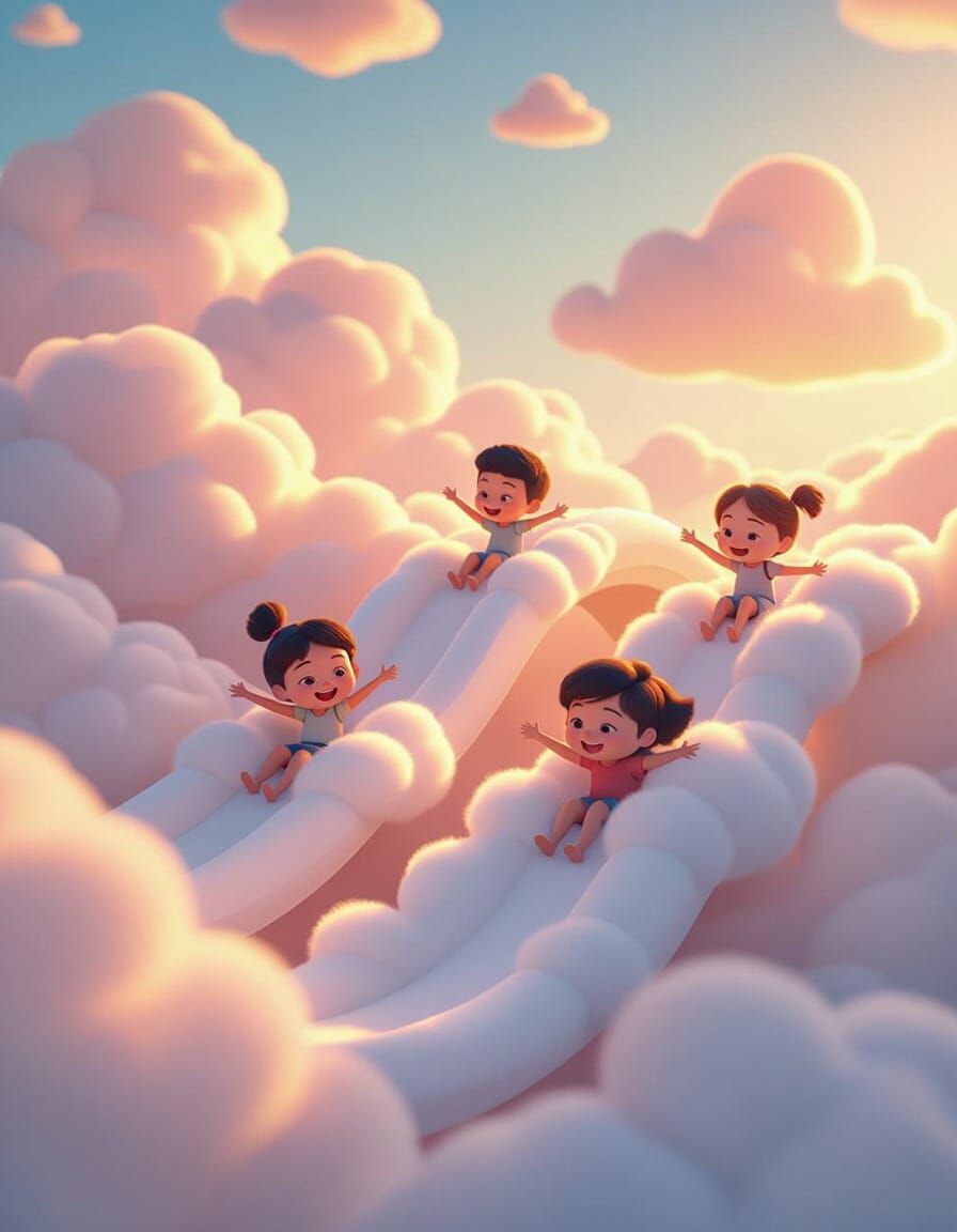 Chibi Children Sliding on Clouds in Pastel Skies