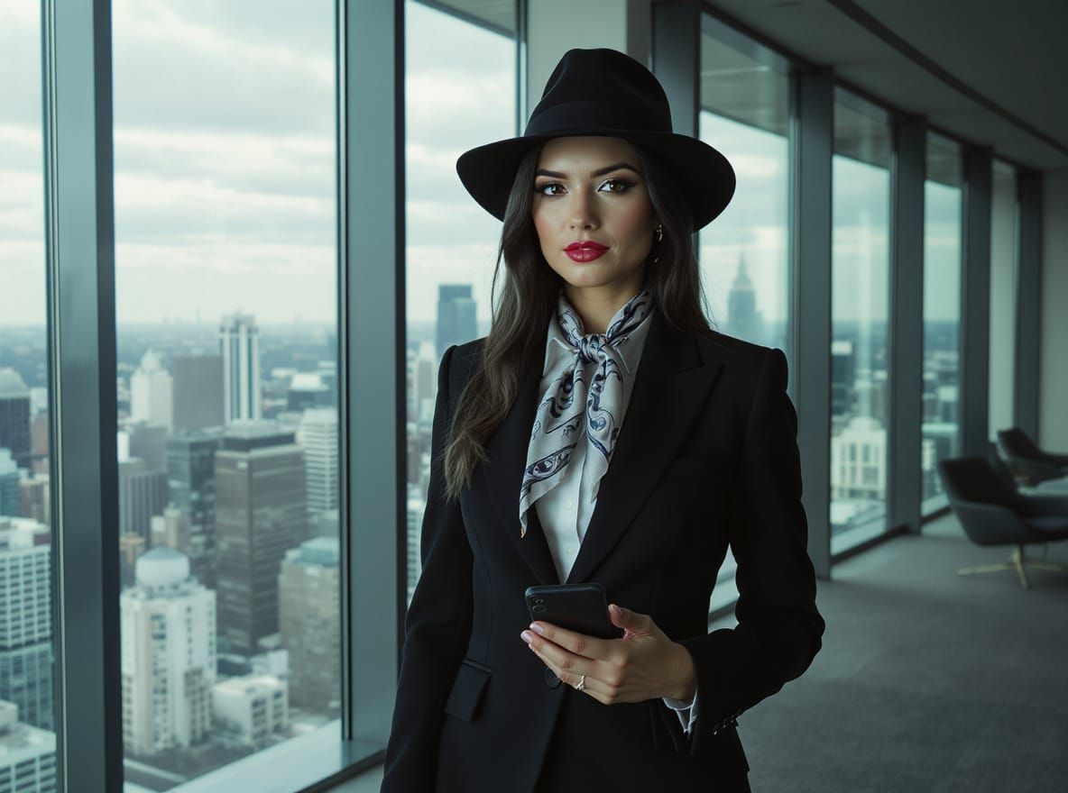 Businesswoman in Fedora Overlooks Cityscape
