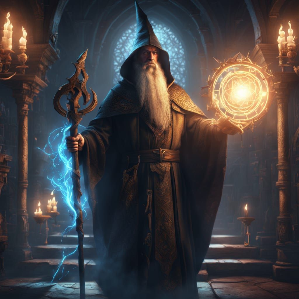 Medieval Wizard with Glowing Staff in Mystical Chamber