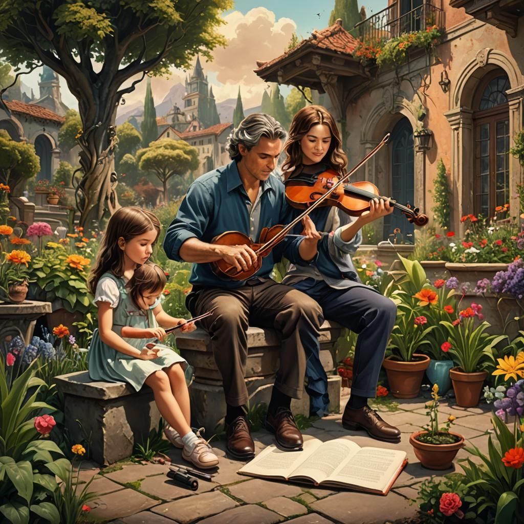 Family Scene: Father, Daughters, and Garden in Matte Paintin...