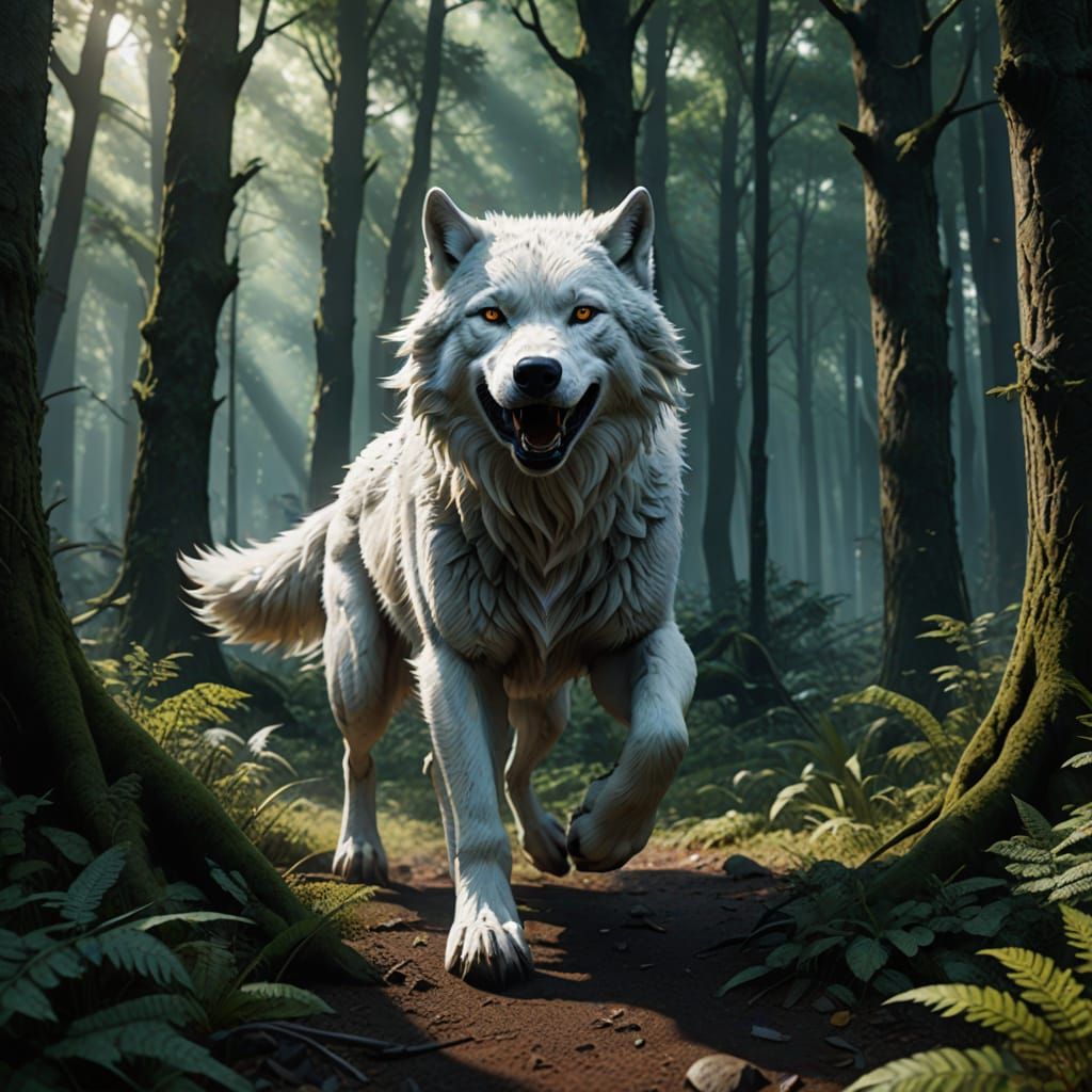 A Wolf Runs Through Enchanted Forest in Intricate Detail