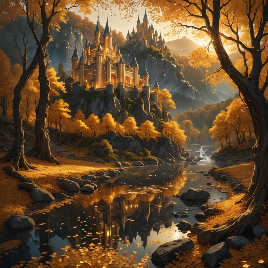 Golden Forest Landscape with Crystal Castle