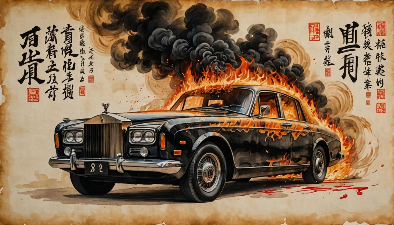 Burning Rolls Royce in Chinese Calligraphy Style