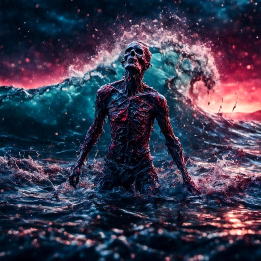 Zombie Surfing Bloody Wave in Hyperreal Style