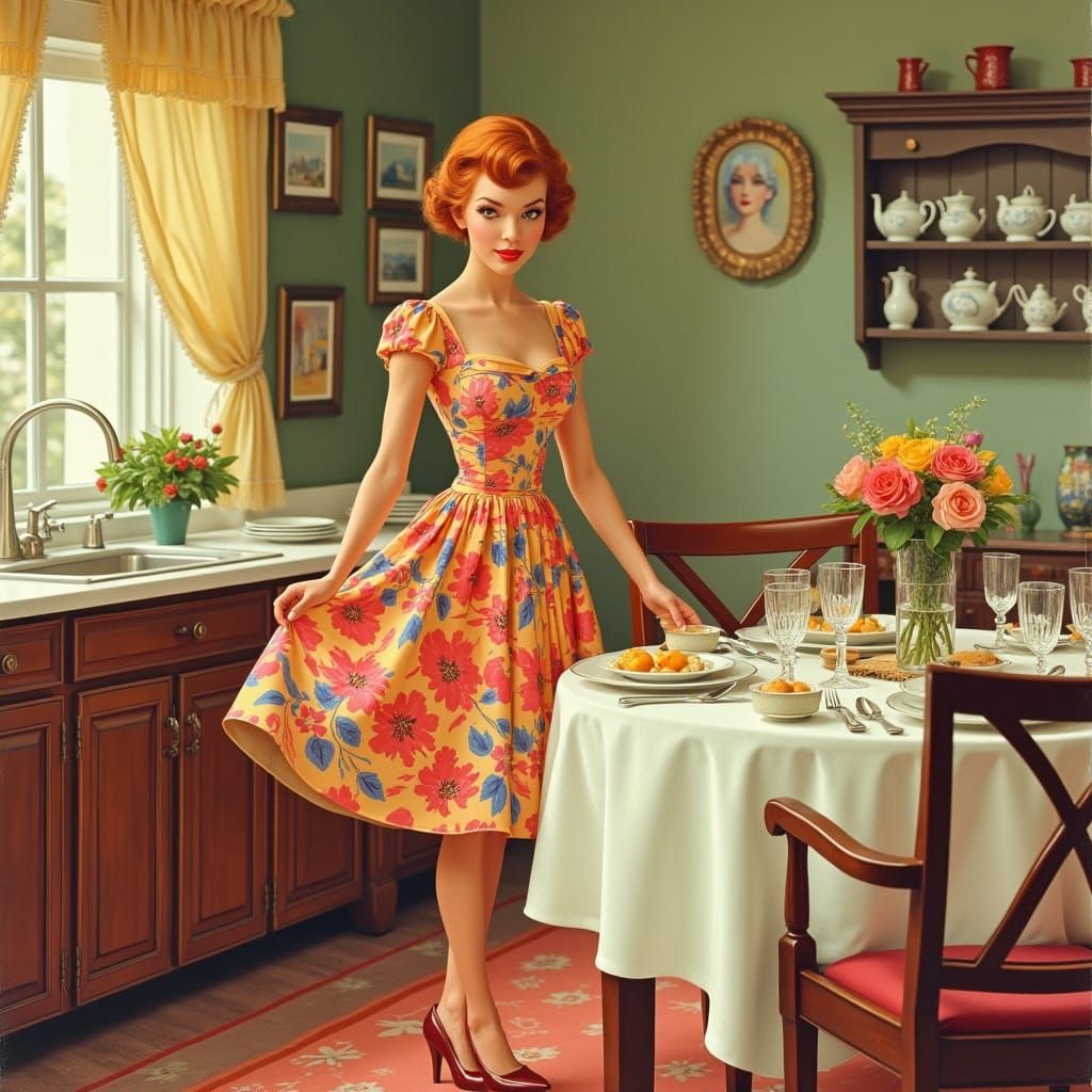 Vintage-Inspired Housewife Sets Table for Dinner