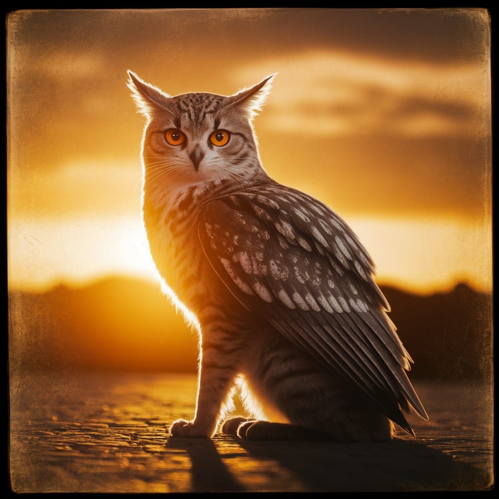 Majestic Cat-Owl Silhouette Against Golden Sunset