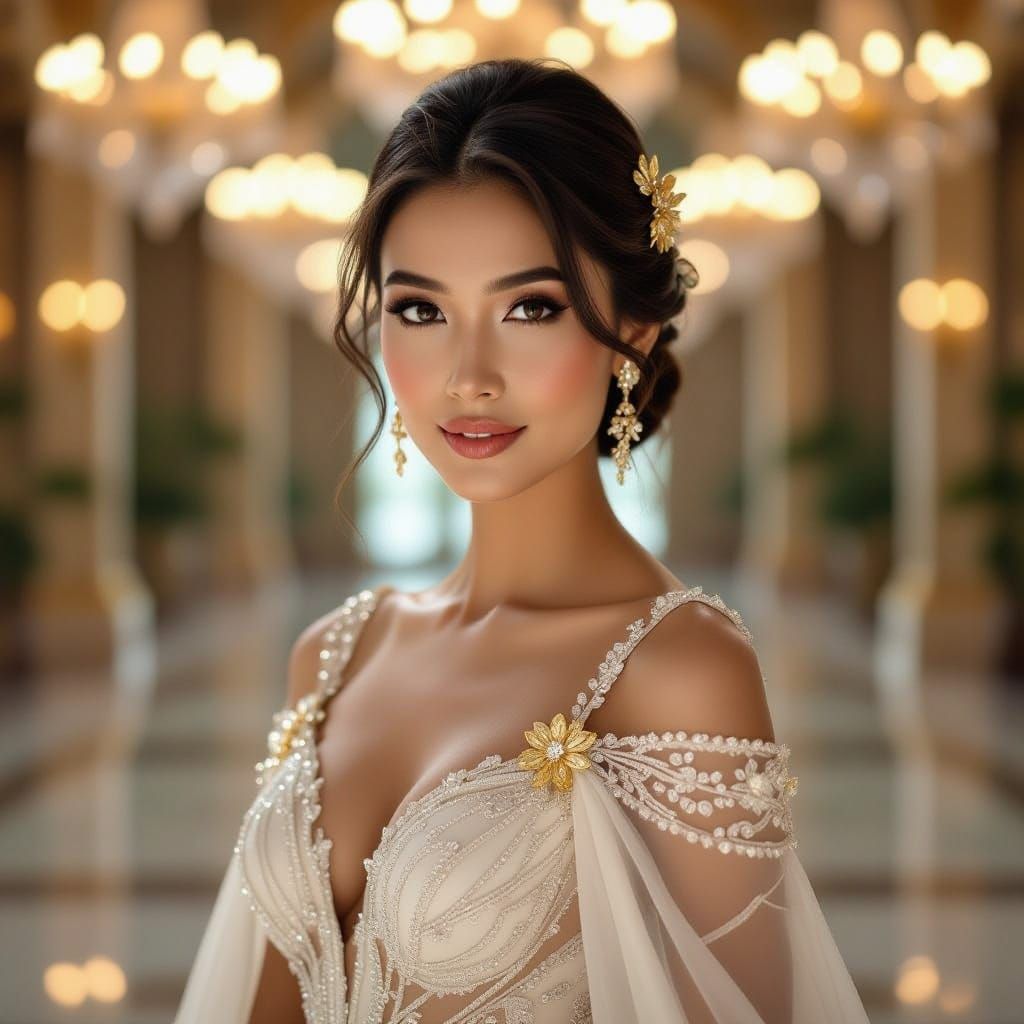 A dramatic portrait photograph captures Miss Indonesia 2025,...