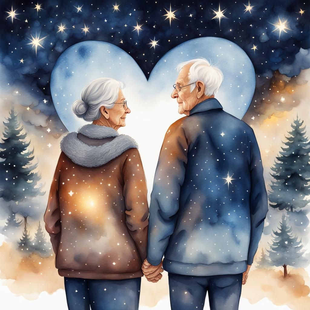 Elderly Couple Stargazing at Christmas in Watercolour