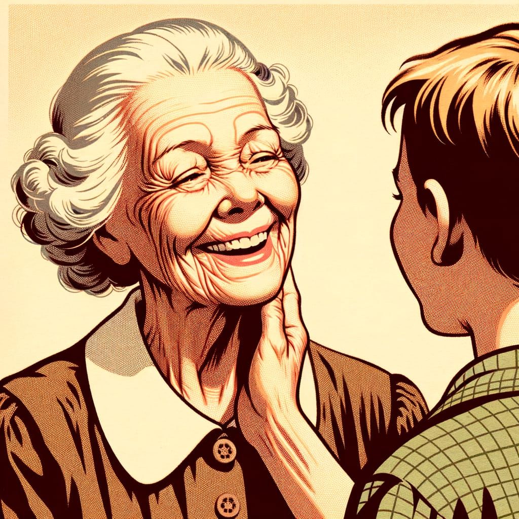 Elderly Woman in Warm Embrace with Young Boy