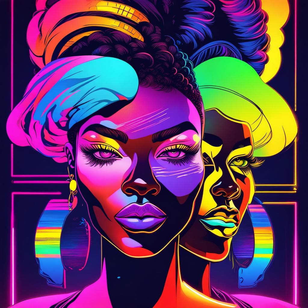 Neon Rainbow Faces of African American Women