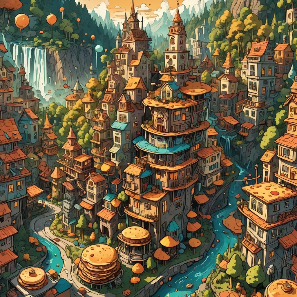 Whimsical Doodle Cityscape with Pancake Towers