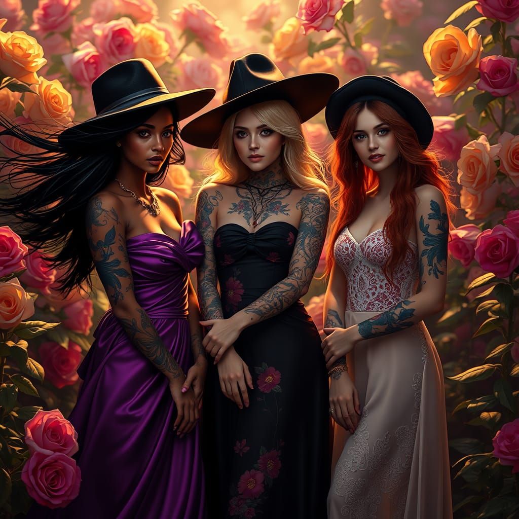 Mystical Rose Garden: Three Women in Art Nouveau Style