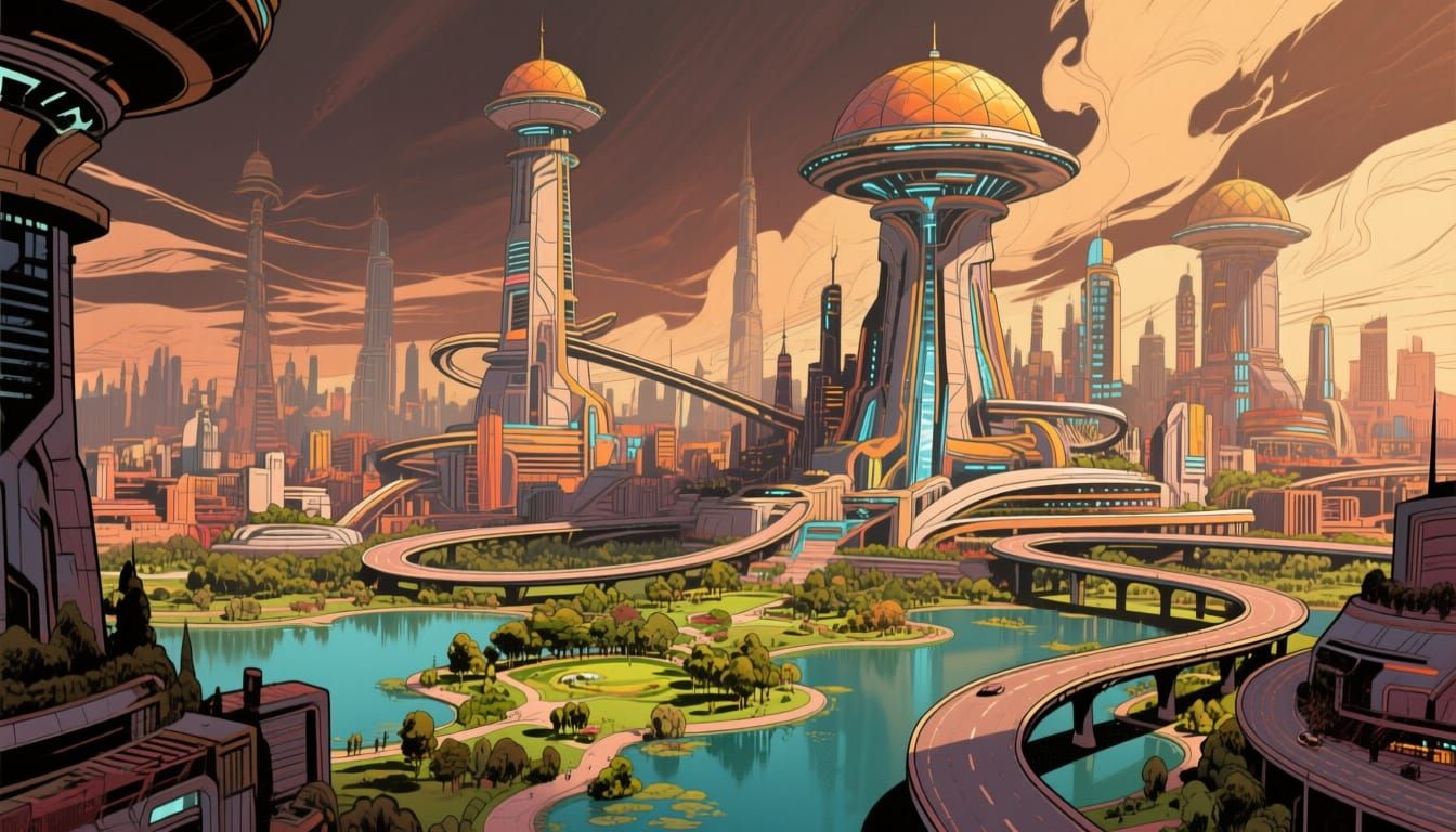Futuristic Comic Fantasy City with Dramatic Lighting