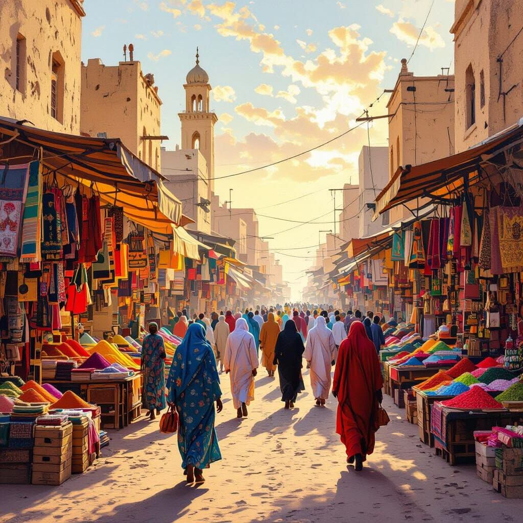 Bustling Mogadishu Street Scene in Golden Hour Light