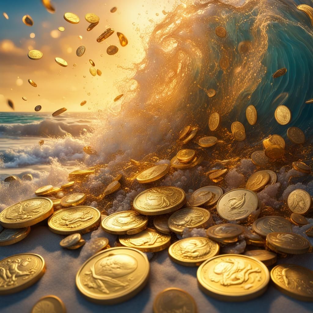 Gold Coins and Jewels Washed Ashore: Hyperrealistic Splash A...