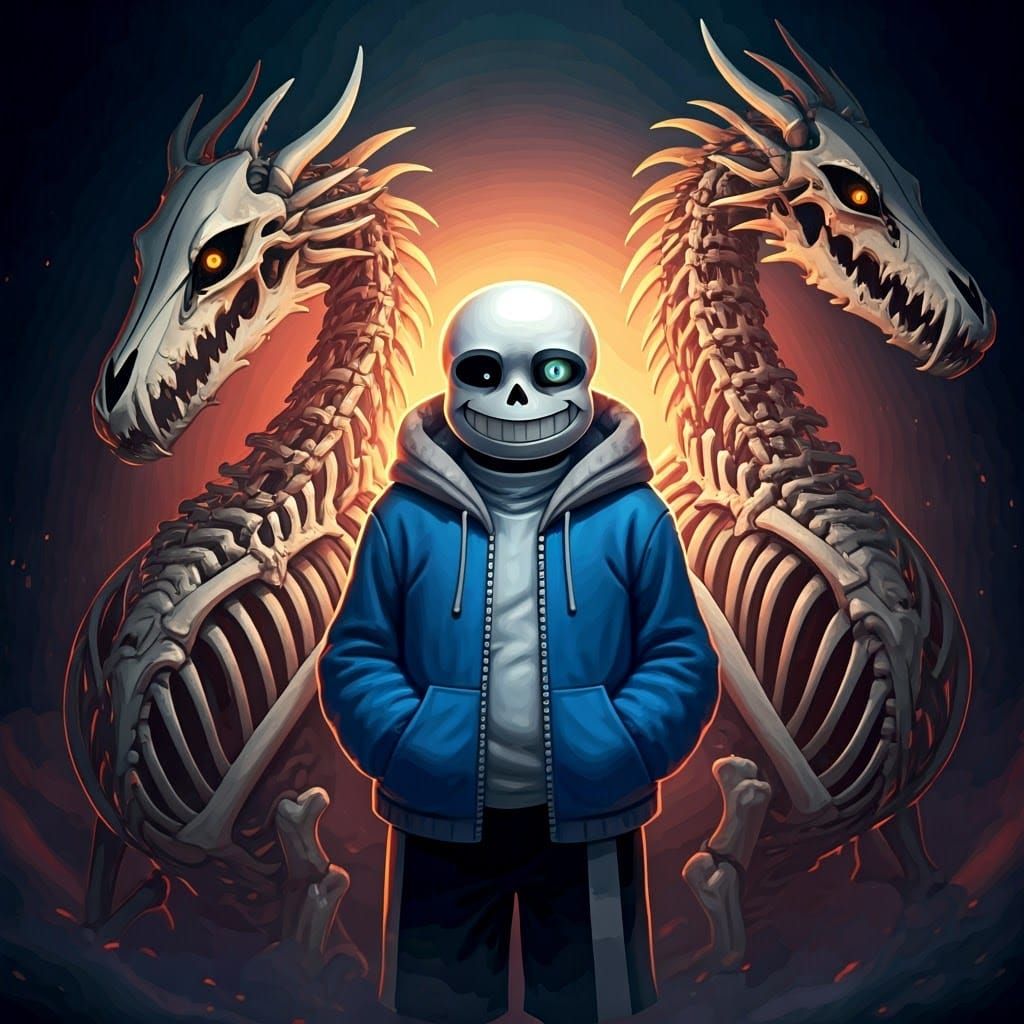 Skeletal Artist Sans with Glowing Bone Dragons in a Vibrant,...