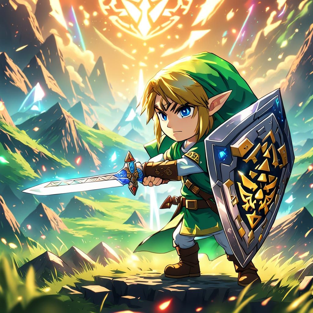 Chibi Link with Master Sword in Anime Style