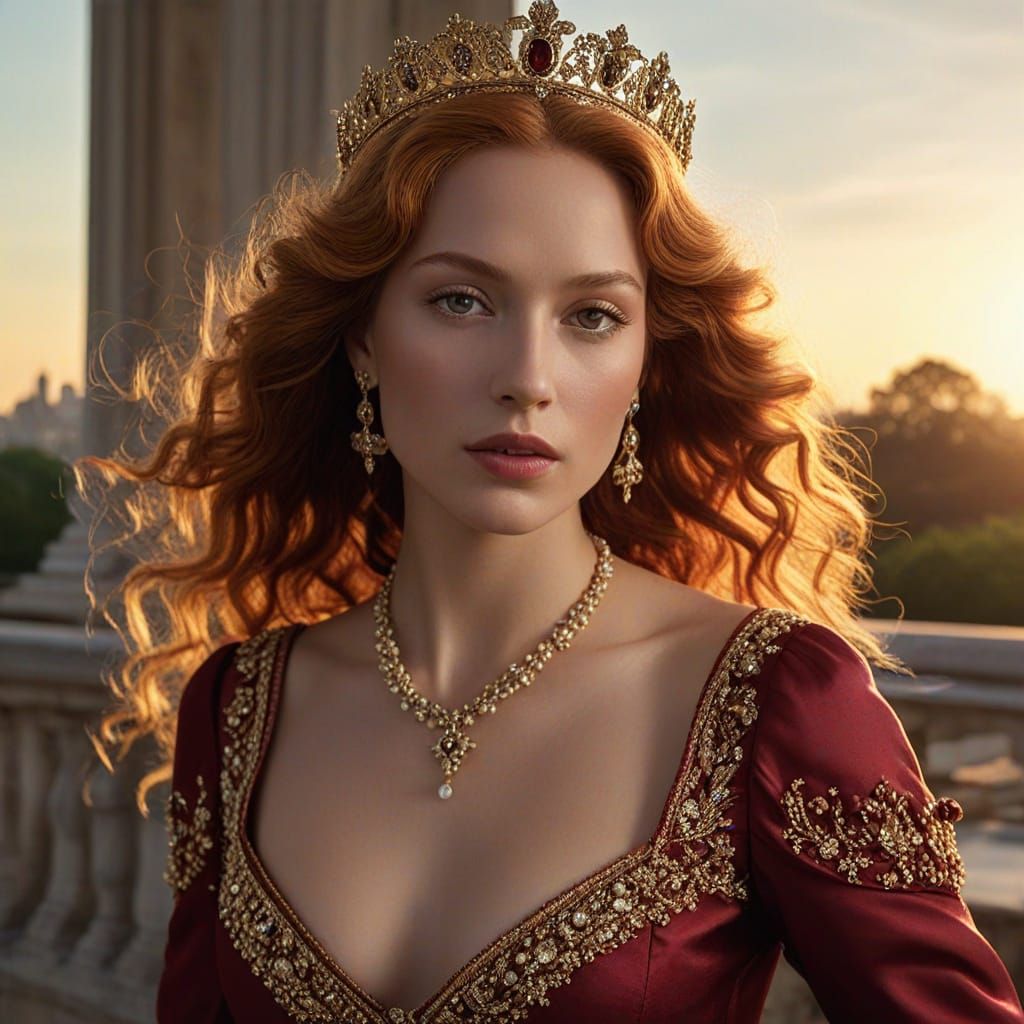 Ethereal Renaissance Princess in Golden Sunset Splendor