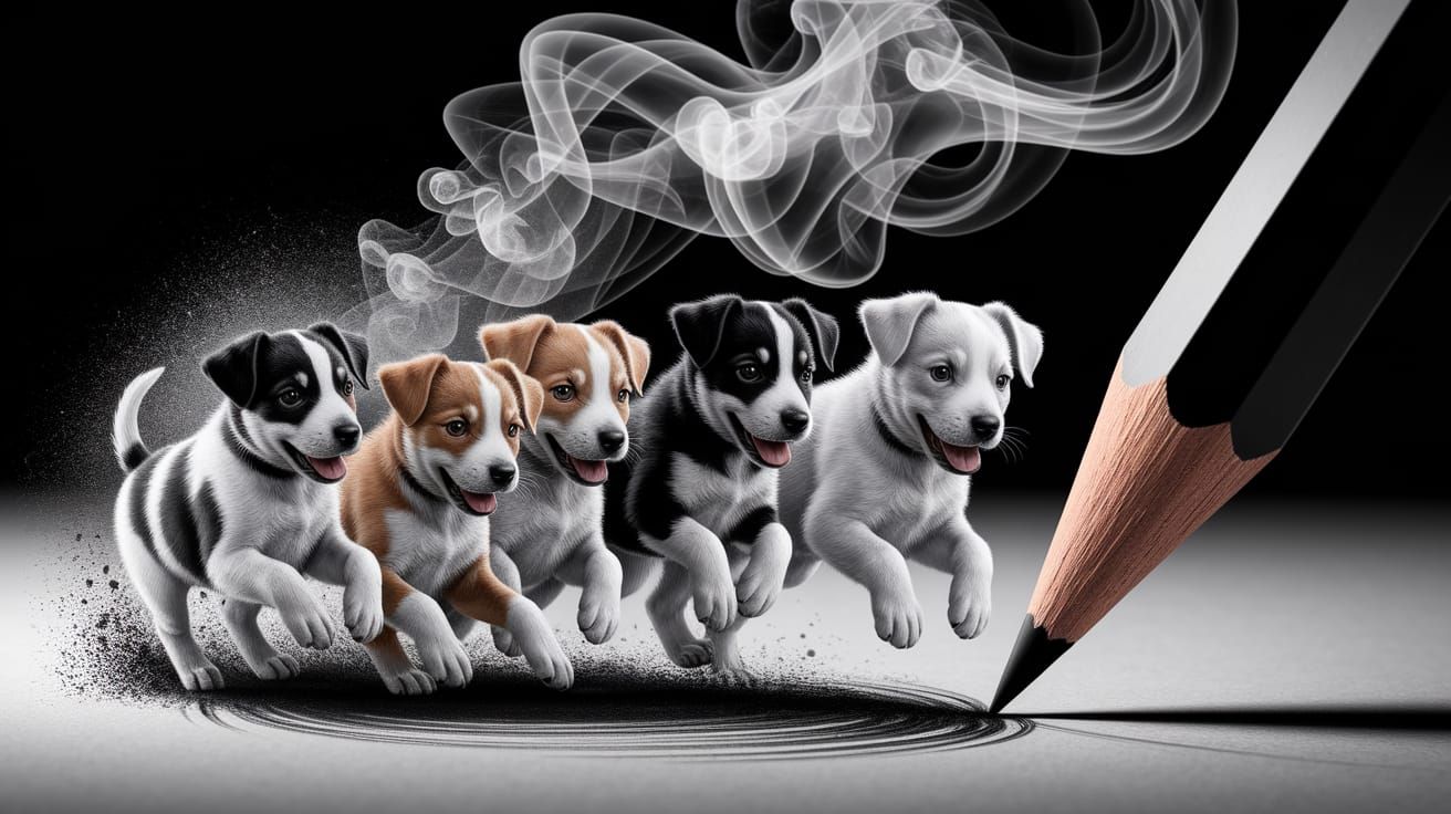 Charcoal Pencil Sketch Comes Alive as Playing Puppies
