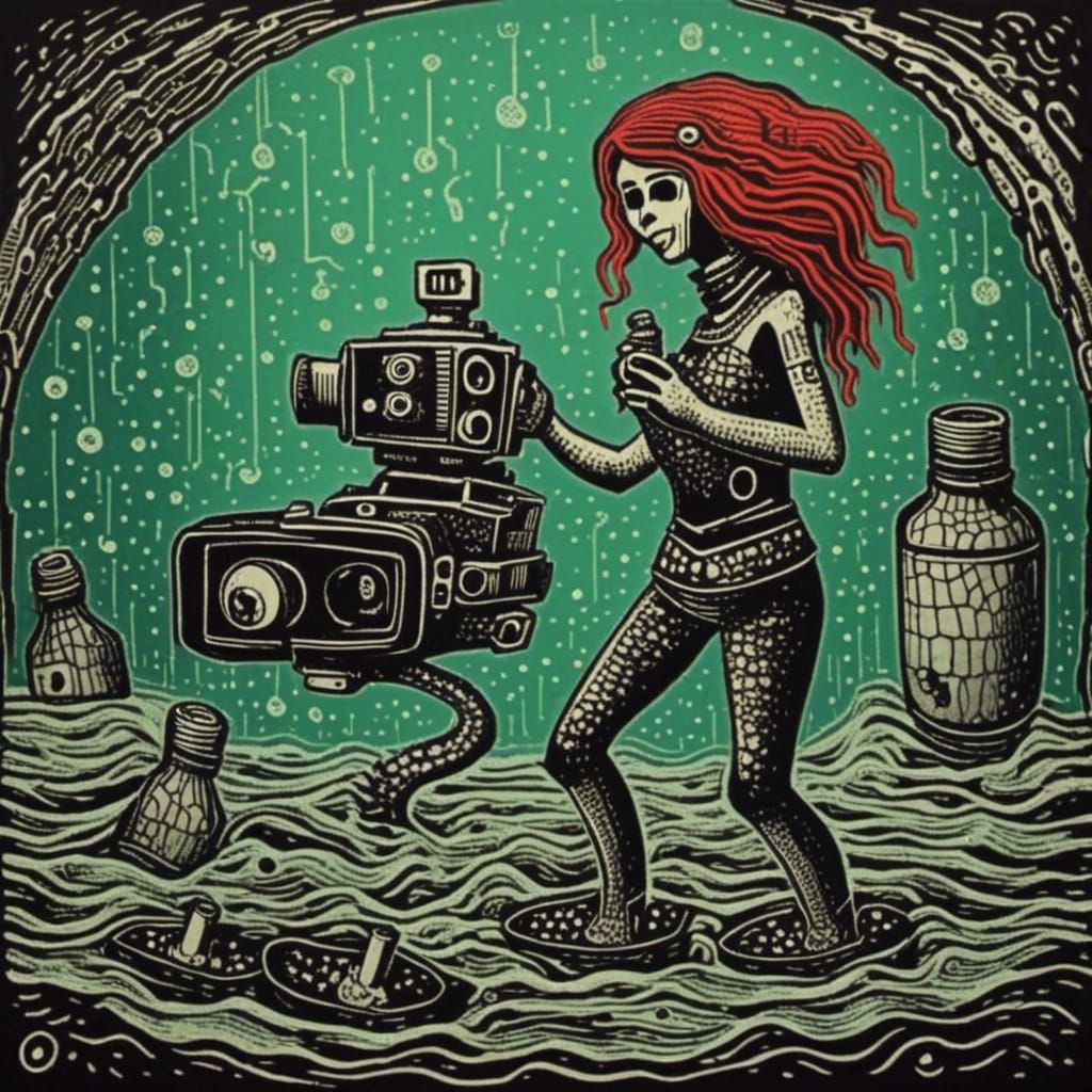 Mermaid with Camera in Underwater Cave