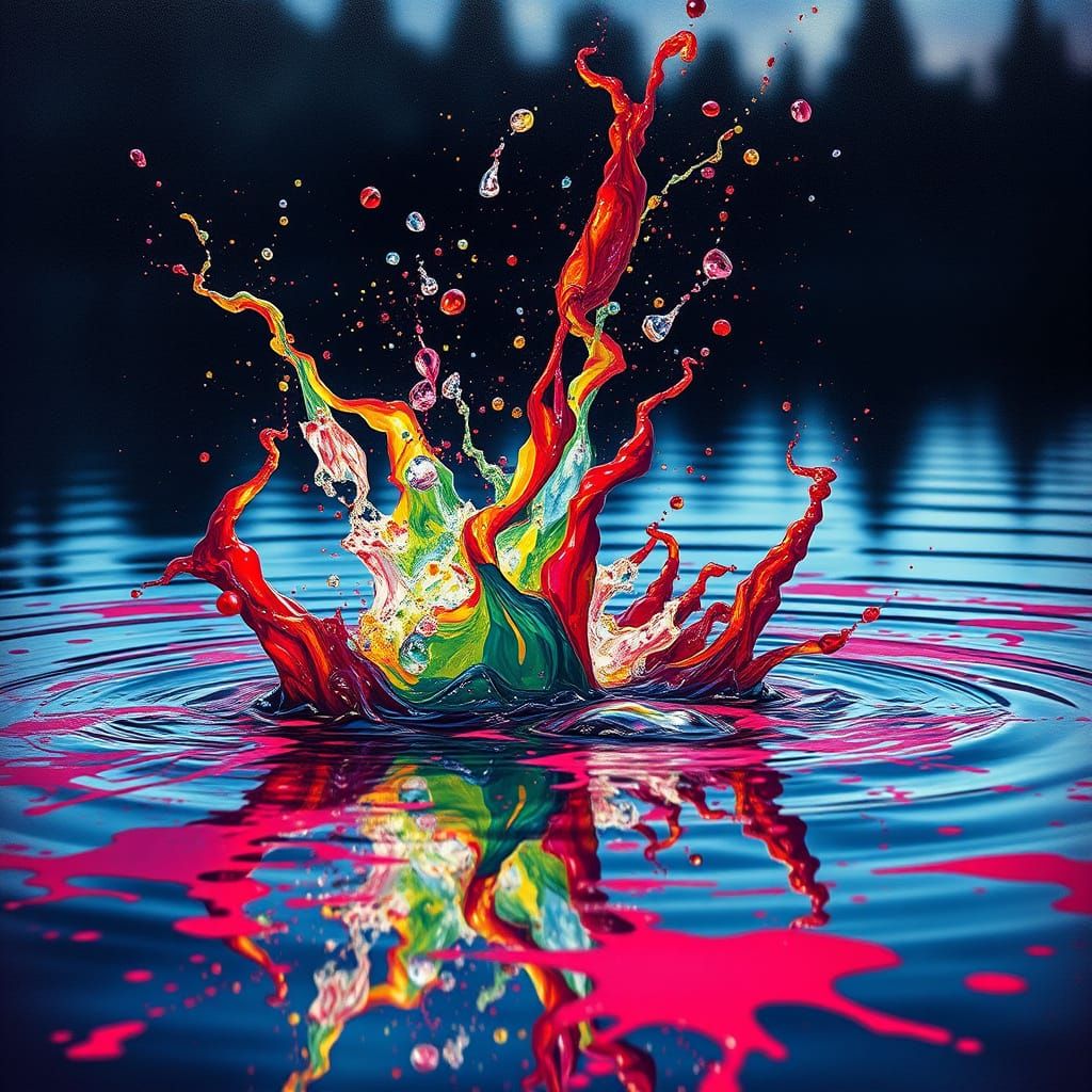 Colorful Fringed Shapes Tumbling into Red Lake: Graffiti Art